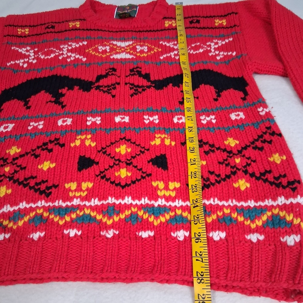 VTG Men's Club Chunky Hand Knit Red Aztec Fair Isle Wool Blend Sweater Medium - Picture 6 of 9